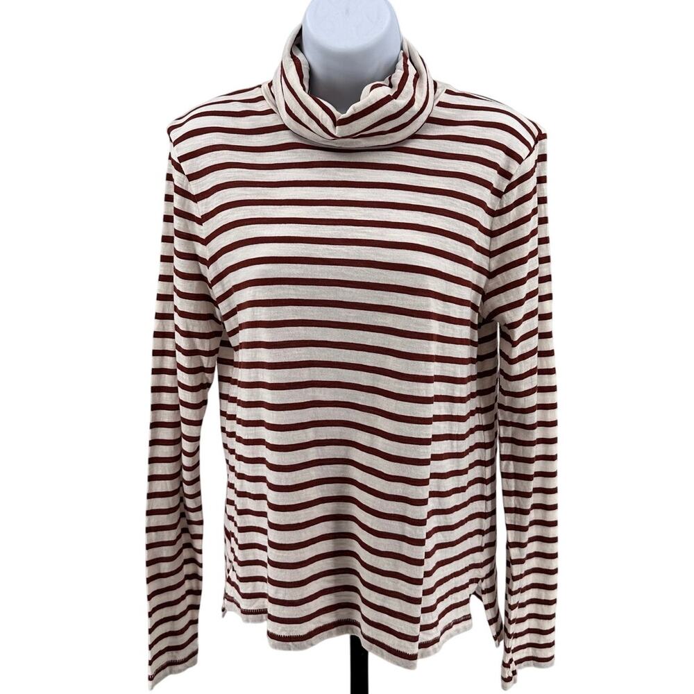 Madewell Shirt Orange/White Womens Sz M Striped Turtle Neck Long Sleeve Top